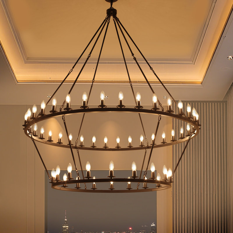 Daquez 54-light Dimmable Wagon Wheel Chandelier, Matte Black, 67.5" H x 60" W x 60" D