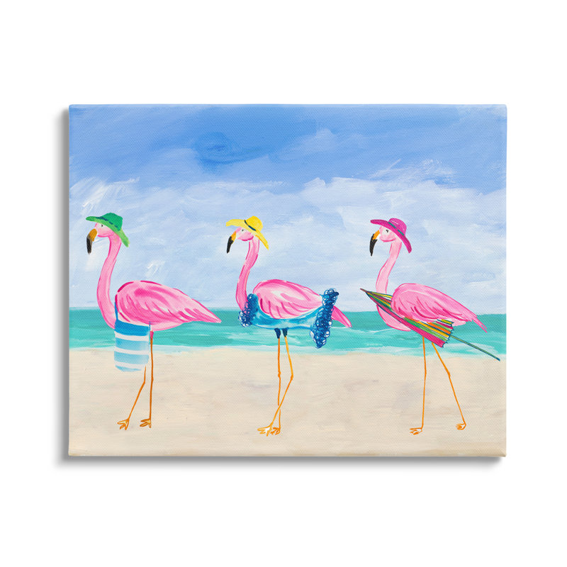 Joli flamant rose, plage, promenade, illustration de la côte par Julie Derice - Peinture, Toile tendue