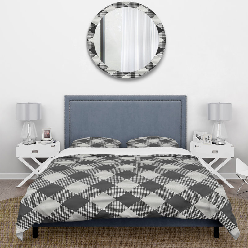 Ensemble de housse de couette traditionnel noir à motif pied-de-poule I, Housse de couette simple et deux taies décorative