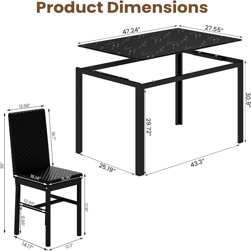 Ensemble de salle à manger rectangulaire L 47,24 po x l 27,55 po Hadessah, Black