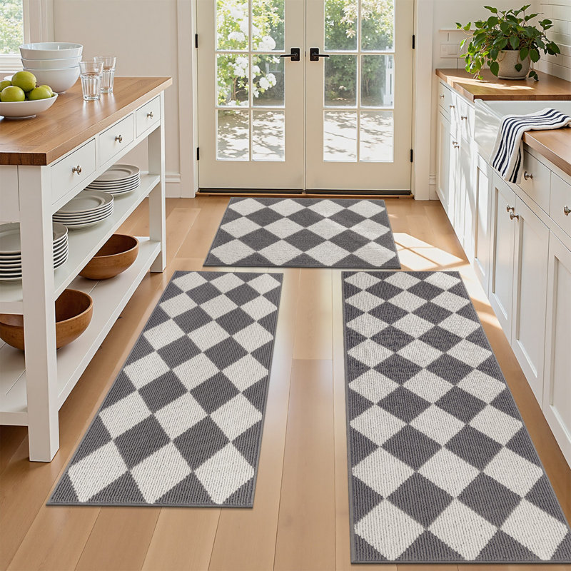 Tapis de cuisine antidérapant lavable à la machine, Blanc / Gris