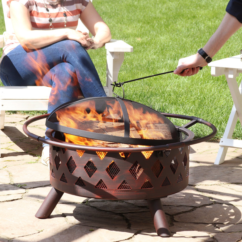Mast Round Wood-Burning Bronze Finish Crossweave Fire Pit with Screen and Poker, 24" H x 36" W x 36" D