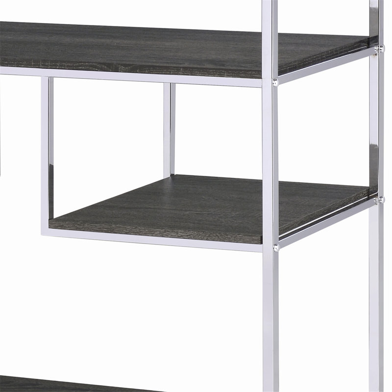 Gray Oak and Chrome Industrial Bookshelf with Open Shelves