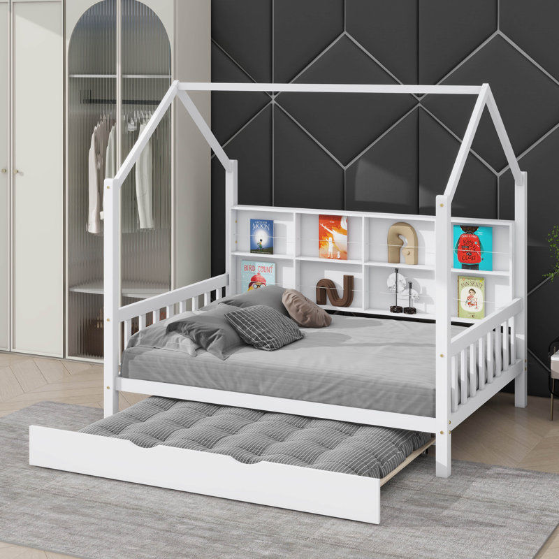 Lit simple de style maison avec lit gigogne, lit pour enfant avec tablette intégrée, Lit simple