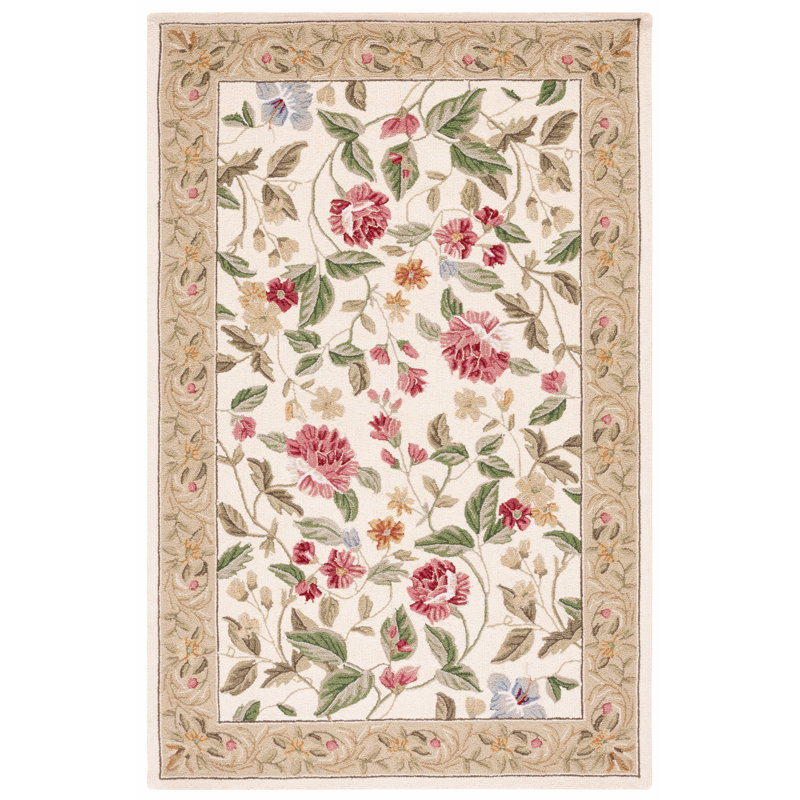 Hollander Floral Handmade Looped Ivory/ Beige Indoor Area Rug, Rectangle 6' x 9'
