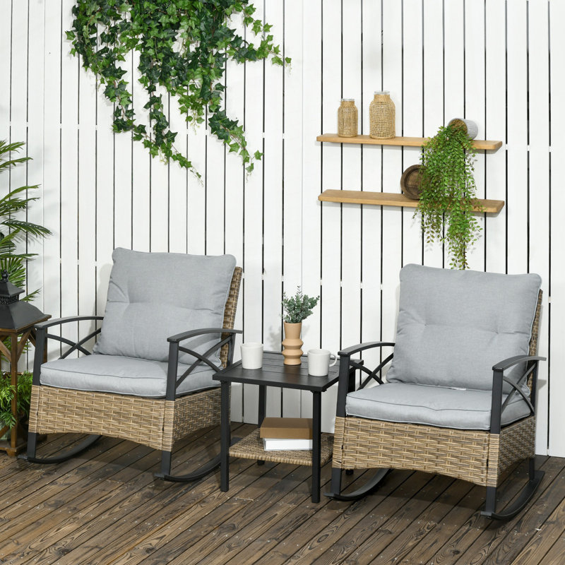 Ensemble de chaises berçantes de patio 3 pièces, ensemble bistro en osier avec 2 chaises berçantes rembourrées