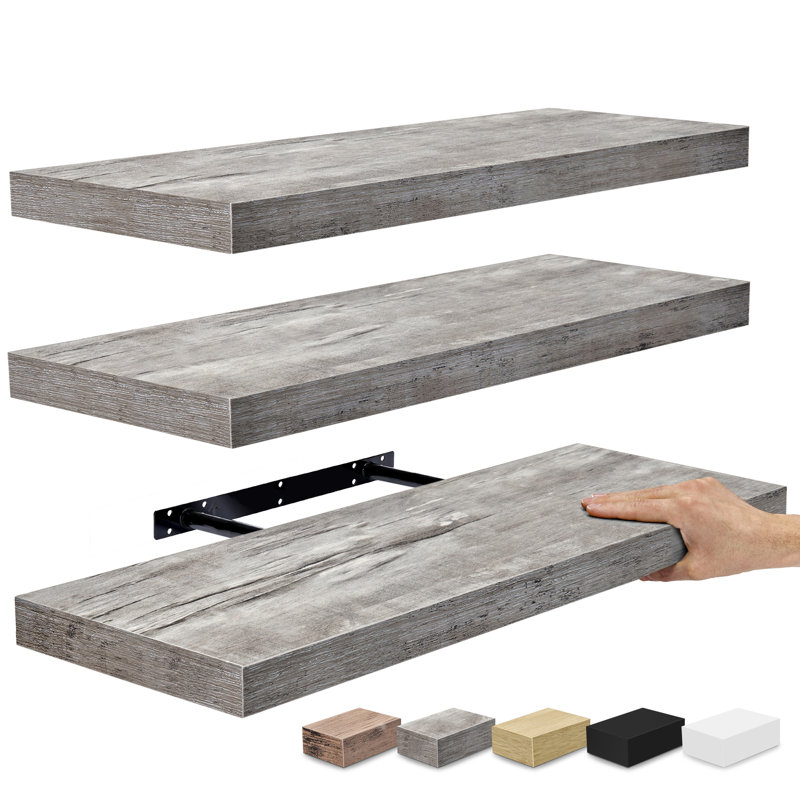 Makalani 3 Piece Solid Wood Floating Shelf, Gray, Gray, 1.5" H x 24" W x 9" D