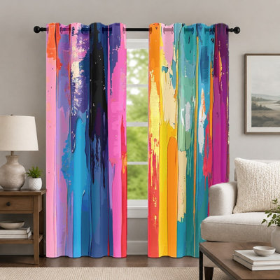 2Pcs Colorful Abstract Oil Painting Curtains, Vibrant Vertical Striped Art Drapes, Creative Multi-Color Brushstroke Window Panels, Grommet Drapes for Bedroom Living Room Decor