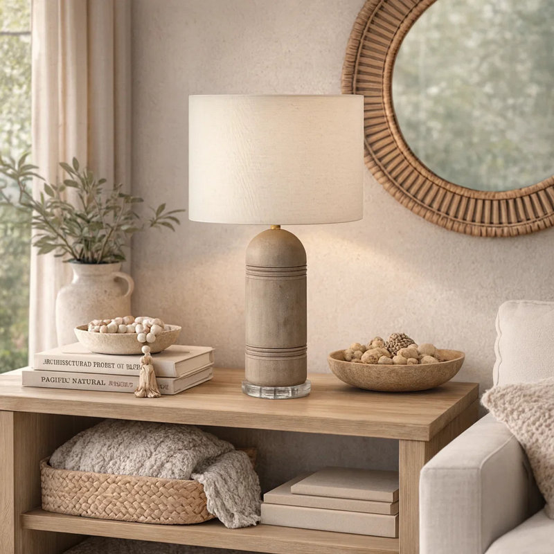 Ratty Table Lamp With Sculpted Base, Brown Resin, Beige Linen Shade, Brown