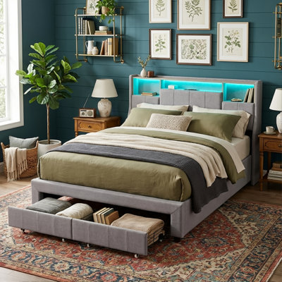 European Double & King Upholstered Storage Bed with LED Headboard, Linen Bed Frame with Hidden Storage & Drawers, Grey Linen