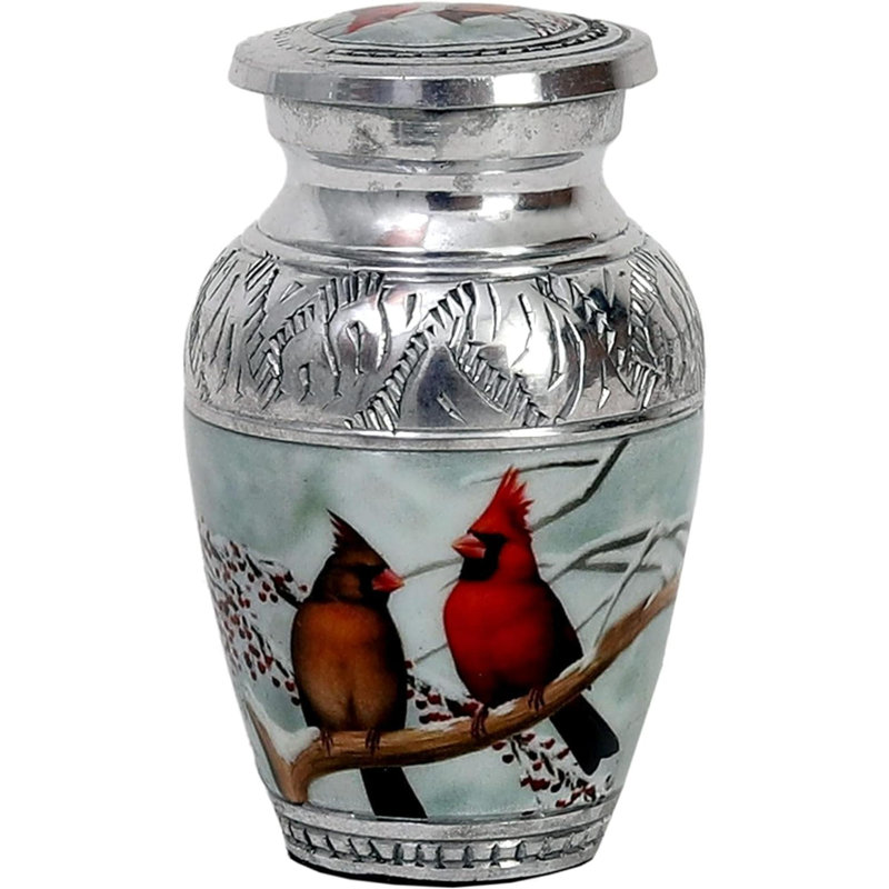 Beautiful  Cardinal Couple Bird Keepsake Urn - Memorial For Human Ashes With Velvet Box Bag - Peaceful Engraved Mini Affordable Urn