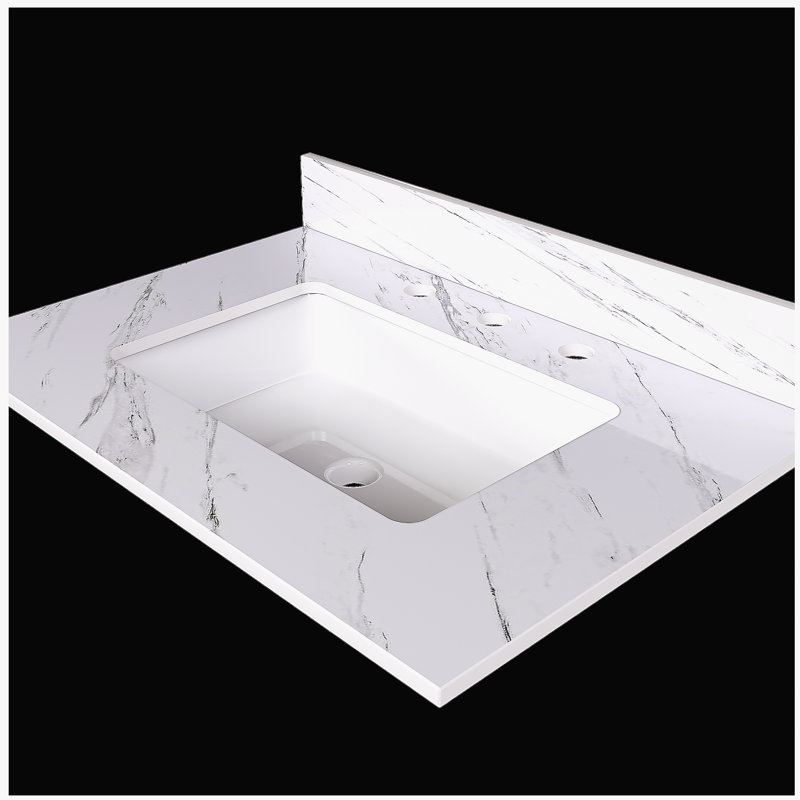 Comptoir de meuble-lavabo en marbre 31 po, comptoir blanc avec trous pré-percés, comptoir de salle de bain avec lavabo central