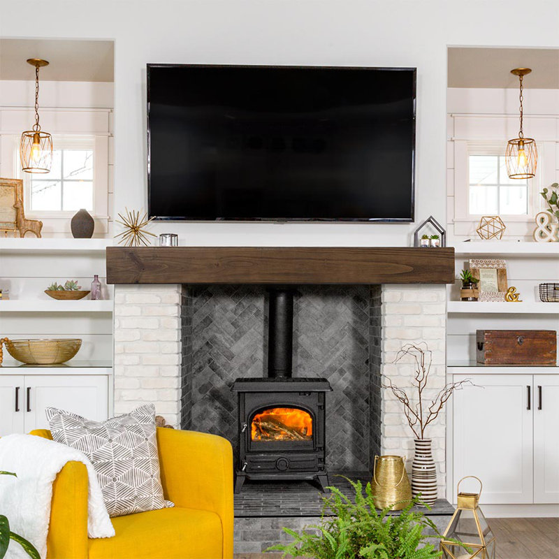 Dakota 60" Mocha Stain Floating Pine Wood Fireplace Mantel Shelf with Hand-Distressing - Mounting Hardware Included, 60"
