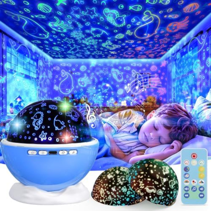 Night Light Projector for Kids Room with Remote and Timer, 360 Rotation, 3 Projection Films, 18 Light Modes, 8 Lullaby Songs, Kids Room Light Projector Lamp Rechargeable, Birthday Gifts for Boys Girls