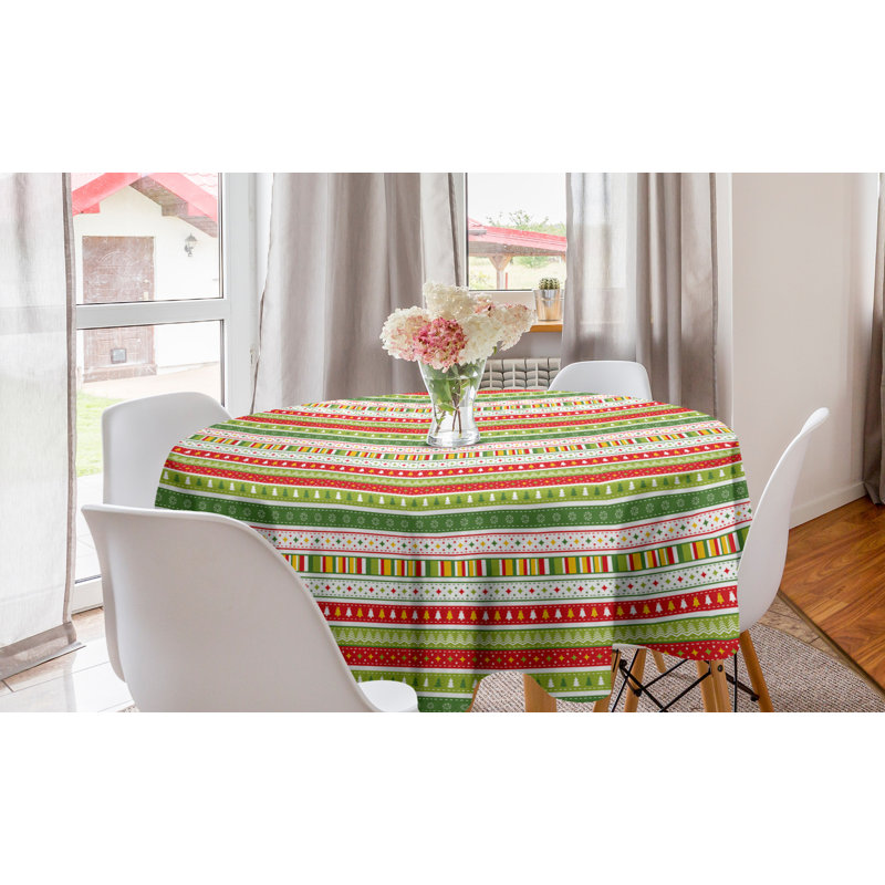 Ambesonne Christmas Round Tablecloth, Traditional Winter Seasonal Borders Stars Bells Trees Stripes Print, Circle Table Cloth Cover For Dining Room Kitchen Decoration, 60", Lime Green Yellow Red