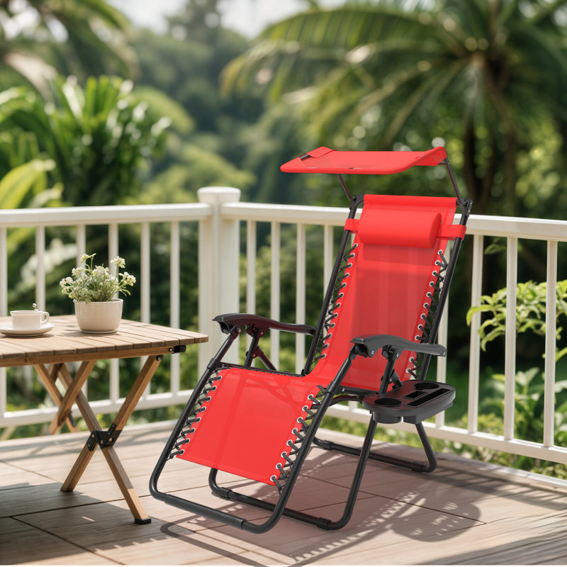 Zero Gravity Chair With Canopy Shade 330 Lb Capacity Adjustable Recliner Headrest For Outdoor Patio Or Beach, Red