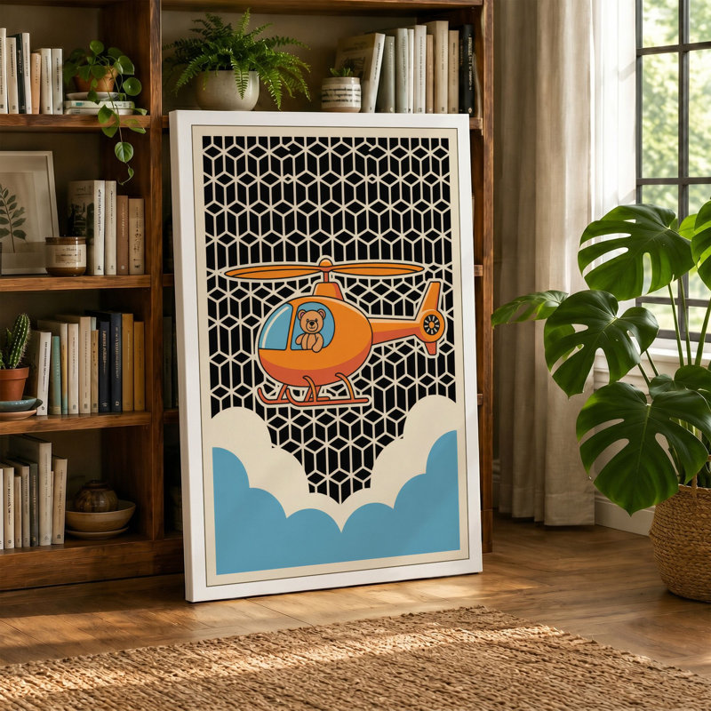 Orange Helicopter Mid-Century 1 Piece Wrapped Canvas Wall Art, 30x20 - 76.2 x 50.8 cm, Terracotta Border