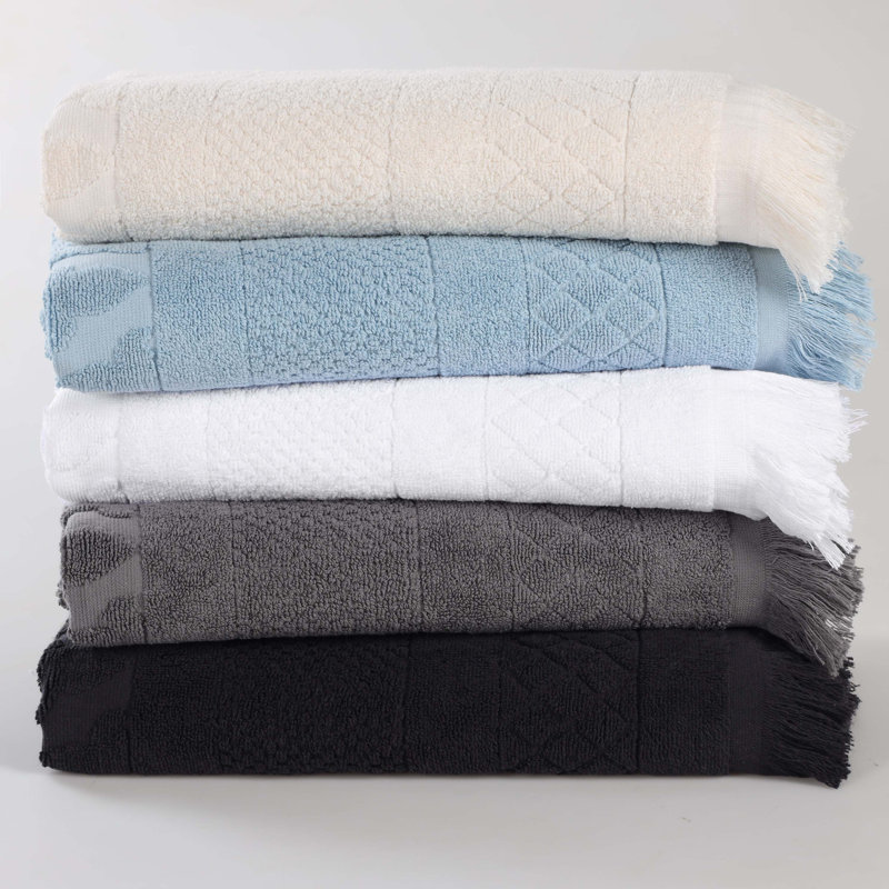 Rolla Geometric Jacquard Plush Soft Absorbent Cotton Bathroom Towel, Black, 3 PC Towel Set