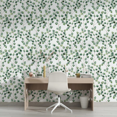 Papier peint adhésif vert avec feuilles d'eucalyptus vert
