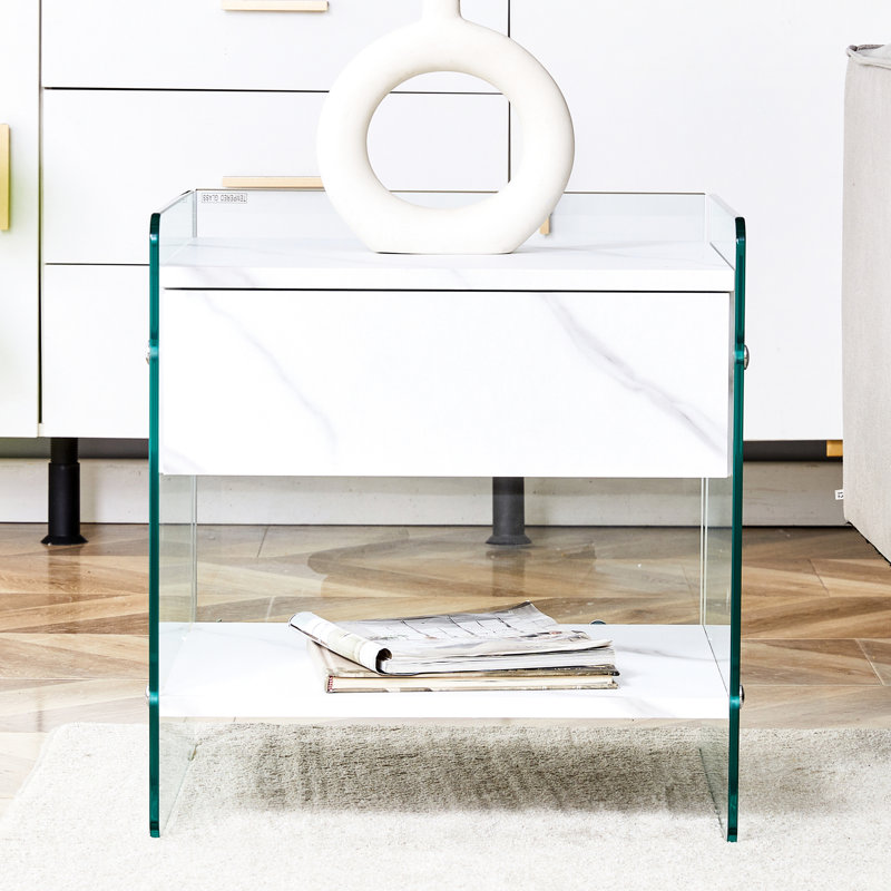 Table de chevet avec fonction de tiroir - plateau de table, verre transparent des deux côtés, et durable pour un usage domestique, différents choix de placement dans une surface lisse à grain blanc, structure, stabilité quotidienne