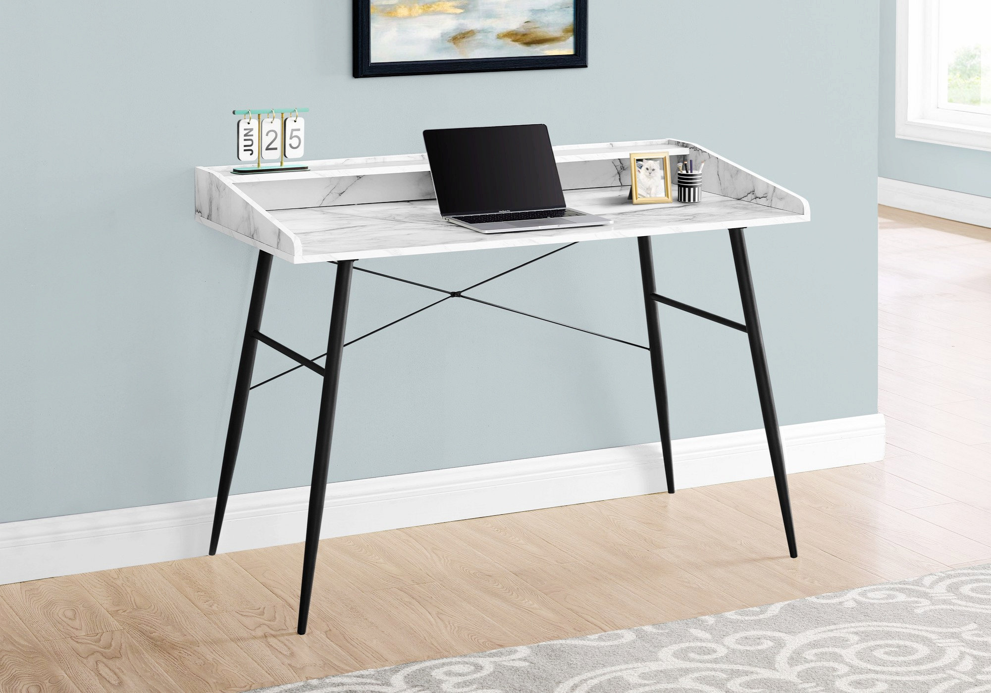Ivy Bronx Modern Writing Desk With Metal Legs, Home Office Desk With ...