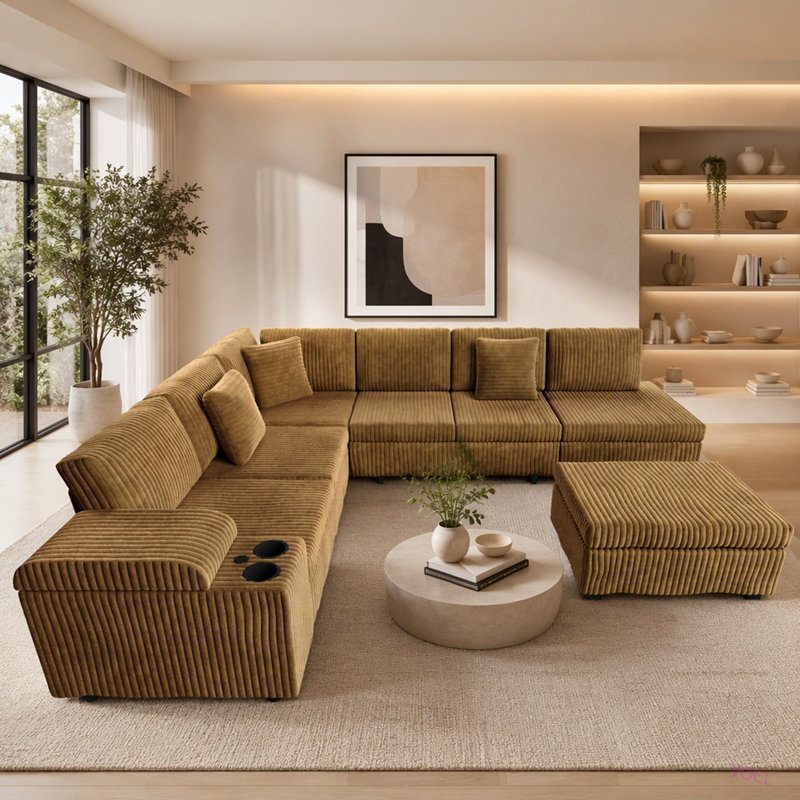 Canapé d'angle en L de 280 cm avec pouf amovible, canapé-lit convertible avec rangement dissimulé dans l'accoudoir, ports de chargement USB et porte-gobelets, revêtement en velours côtelé doux, idéal pour le salon ou un appartement.