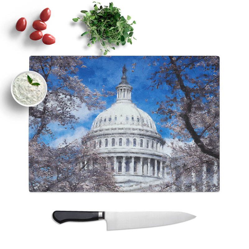 Tempered Glass Capitol Hill and Cherry Blossom Tree Chopping Board, 28.5 cm x 39 cm
