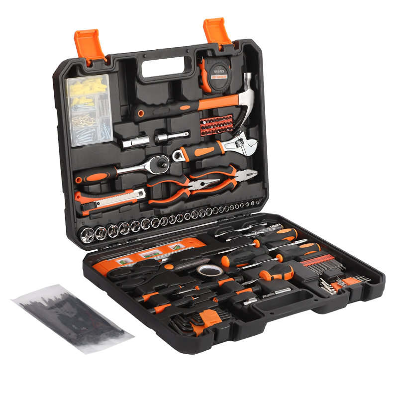 Ensemble d'outils pour la maison 247-Pcs-Base multifonctionnelle pour outils de réparation, trousse à outils de réparation automatique, ensemble d'outils mixtes avec boîte de rangement en plastique orange