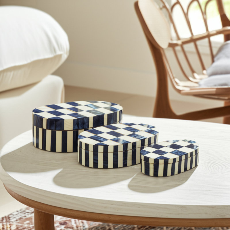 Decorative Bone Inlay Storage Boxes with Lids - Handmade Oval Trinket Boxes for Elegant Organization - Set of 3.