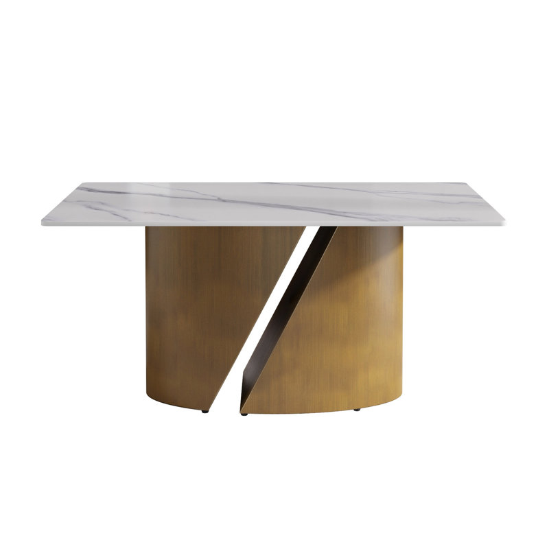 Table de salle à manger spacieuse de 63 po - Pierre frittée blanche et pieds en fer de bronze pour 6 à 8 personnes avec sièges de bureau modernes