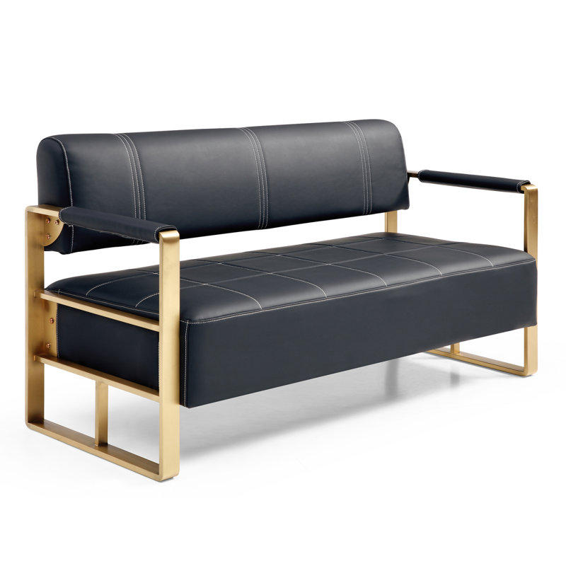 57.9" Width Modern Upholstery Faux Bonded Leather Loveseat Sofa For Living Room Accent Love Seats For Small Spaces 2 Seater Couch Sofa Office Apartment Studio Furniture With Golden Metal Arms