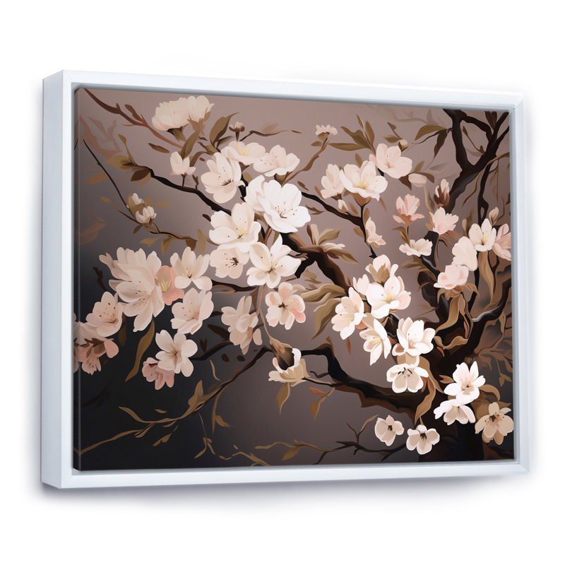 Branche avec fleurs de cerisier roses et blanches I - impression, Cadre flottant blanc, H 24 po x l 32 po x P 1 po