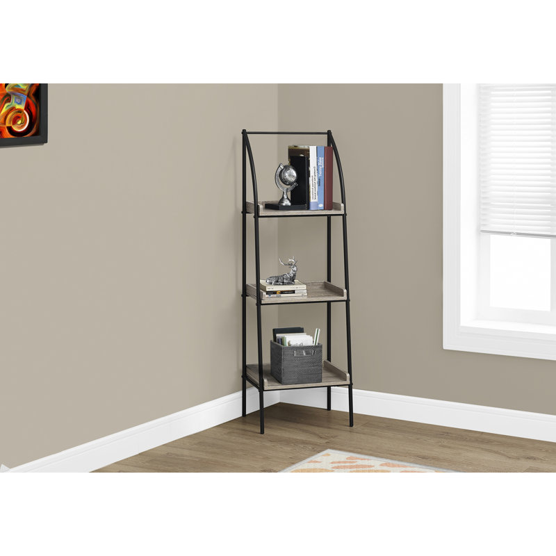 Bibliothèque d'angle moderne à 3 niveaux avec tablettes ouvertes, parfaite pour les petits espaces et la décoration contemporaine dans un bureau ou une chambre à coucher