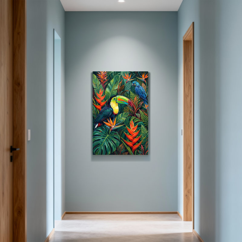Animaux, oiseaux tropicaux et motif de feuillage luxuriant, H 24 po x l 36 po
