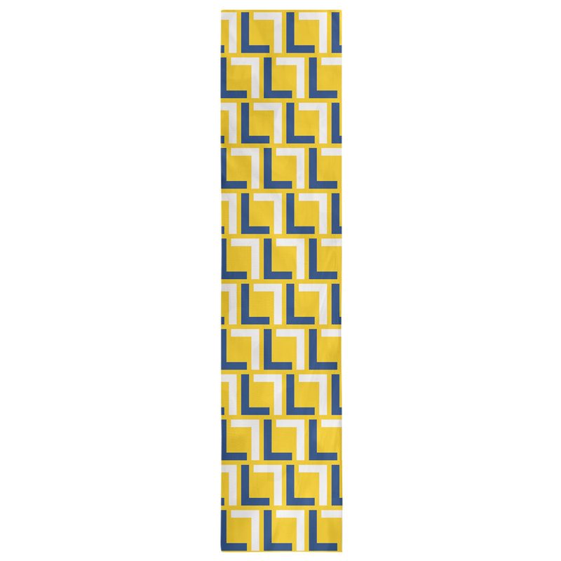 Geometric Table Runner, Polyester, Royal Blue/White/Gold, 72" x 16"