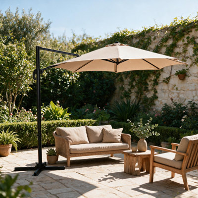 Parasol rectangulaire déporté de 3 x 3 m (10 x 10 pi) en aluminium et acier, avec rotation à 360° et inclinaison réglable en continu, idéal pour terrasse, patio et jardin.