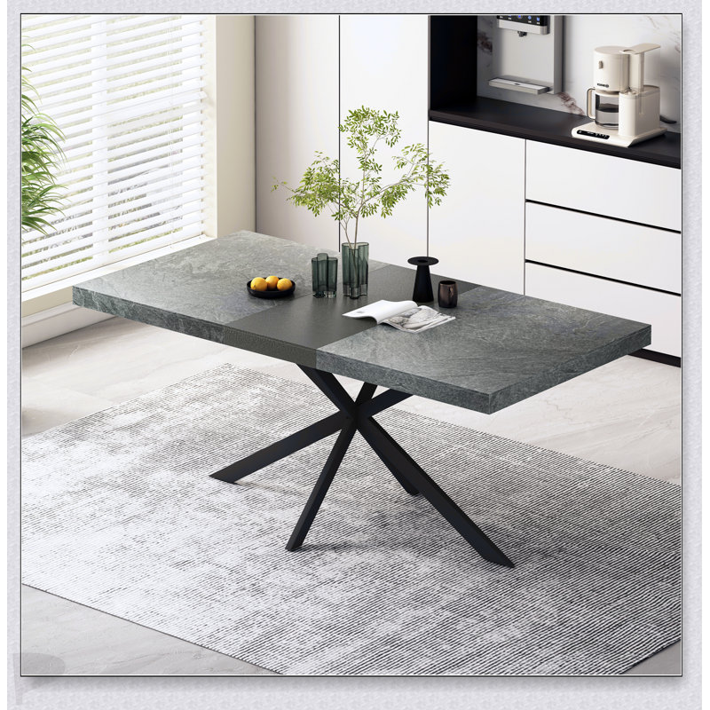 Adjustable Rectangular Dining Table With Dark Grey Top And Iron Base, Featuring A Storage Box For Convenience
