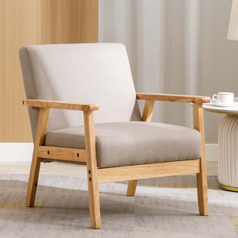 Scandinavian Upholstered Solid Wood Frame Comfortable Lounge Accent Armchair, Khaki