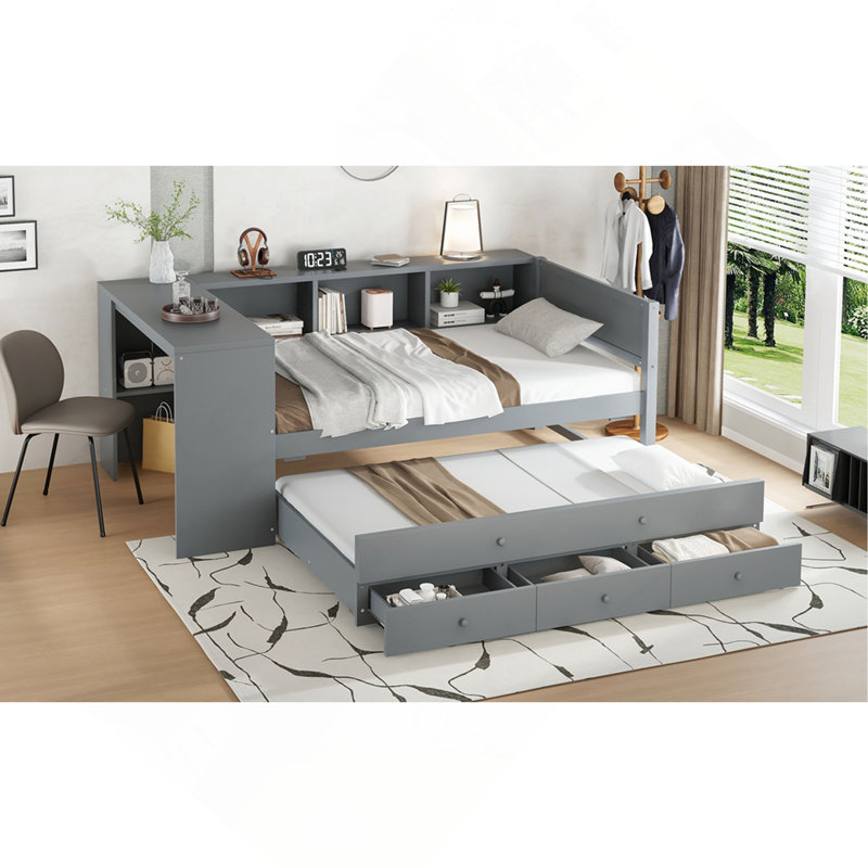 Lit de jour avec couchette, structure de lit de jour en bois avec tiroirs de rangement et tablettes latérales, lit de jour avec bureau, aucune boîte à ressorts nécessaire