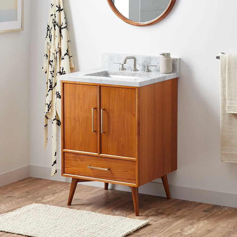 24" Novak Single Bathroom Vanity Set with Rectangular Undermount Sink, Carrara Marble, Natural Teak, 8" Widespread