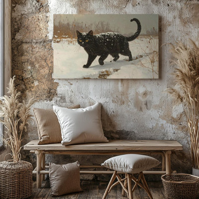 Canvas Wall Art Mystical Black Cat Winter Snowfield With Playful Elegance Ready To Hang Gallery Wrapped Home Decor Modern Design Decor