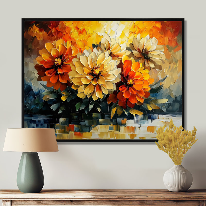 Abstrait orange Dahlia lueur III - Dahlia, reproduction d'art sur toile, H 30 po x l 40 po, Picture Framed, Noir