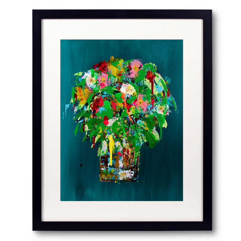Flowers On Teal Print by Jphono 1, Black Framed Paper, White, 21.25" H x 17.25" W x 0.875" D