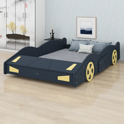 Cadre de lit plateforme en forme de voiture de course peu encombrante, roues décoratives et espace de rangement polyvalent