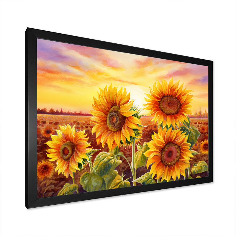 «Burning Sunset Sunflowers Field» sur toile, Cadre photo noir, H 16 po x l 32 po x P 1 po