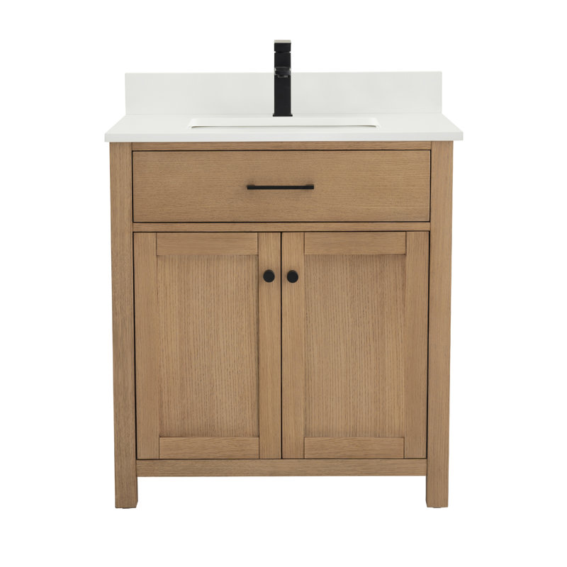 31 po X P 22 po P 33,75 po Meuble-lavabo autoportant simple H en chêne blanc avec comptoir en quartz