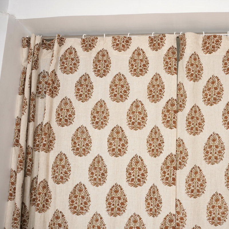 Fabdivine Block Printed Curtain Coloured Linen Traditional Floral Design - Kumud, 54" W x 102" L