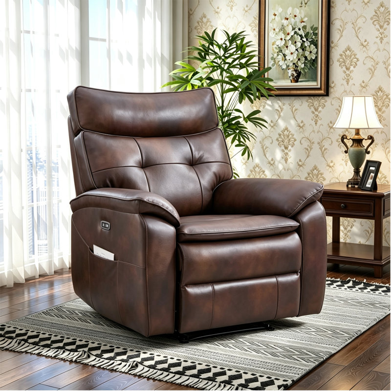 35.8" Wide Sleek Modern Top Genuine Leather Upholstered Power Recliner With Side Pocket & USB Port, Brown