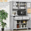 Buffet de cuisine 63,5 "avec huche, armoire de rangement pour garde-manger avec 4 tablettes, tiroirs, portes en verre encadrées, comptoir à micro-ondes ouvert