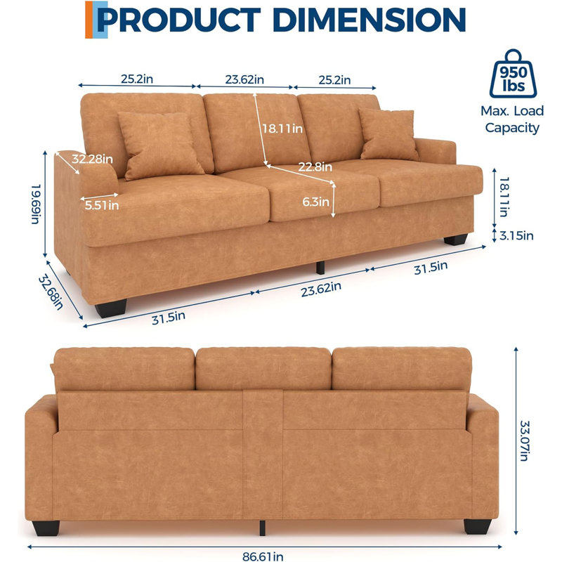 86" Faux Leather Sofa with Pillows, Deep Seat Couch, Orange